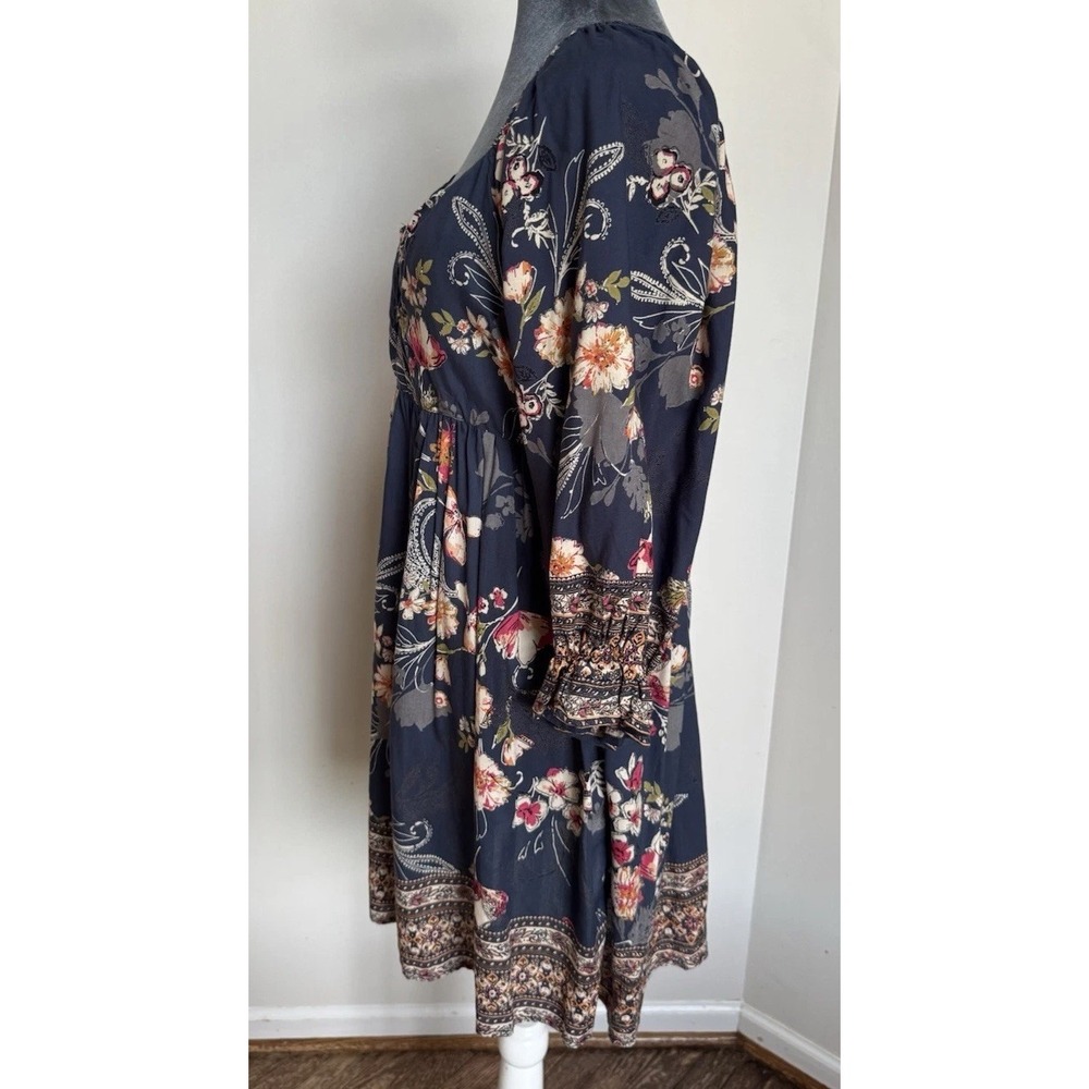 Boho Floral Babydoll Mini Dress L Navy Cottagecore Spring Festival Fairy - Picture 14 of 16